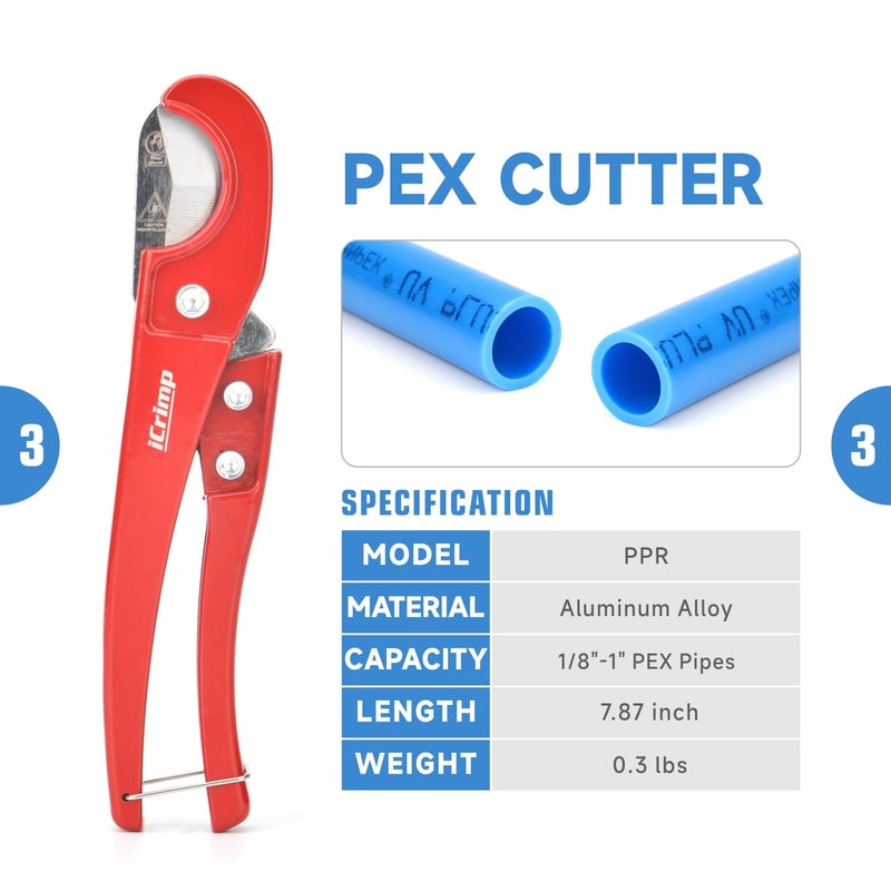 iCrimp ICP-1234AH PEX Crimping Tool Kit - 1/2-in & 3/4-in Copper Crimp Rings, Dual Size Crimper, PEX Removal Tool and Pipe Cutter - Meets ASTM F1807 Standard - Image 4