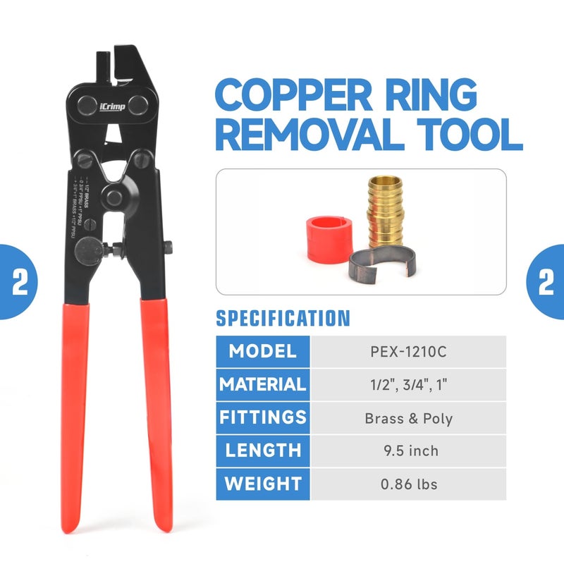 iCrimp ICP-1234AH PEX Crimping Tool Kit - 1/2-in & 3/4-in Copper Crimp Rings, Dual Size Crimper, PEX Removal Tool and Pipe Cutter - Meets ASTM F1807 Standard - Image 3