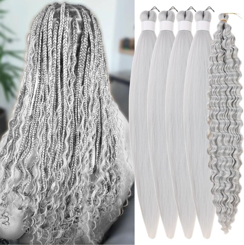 Leticia Silver Grey Braiding Hair Pre Stretched Crochet Boho Hair for Braiding Hypoallergenic Knotless Curly Deep Wave Braids for Black Women(26 inch,3Grey) - Image 1