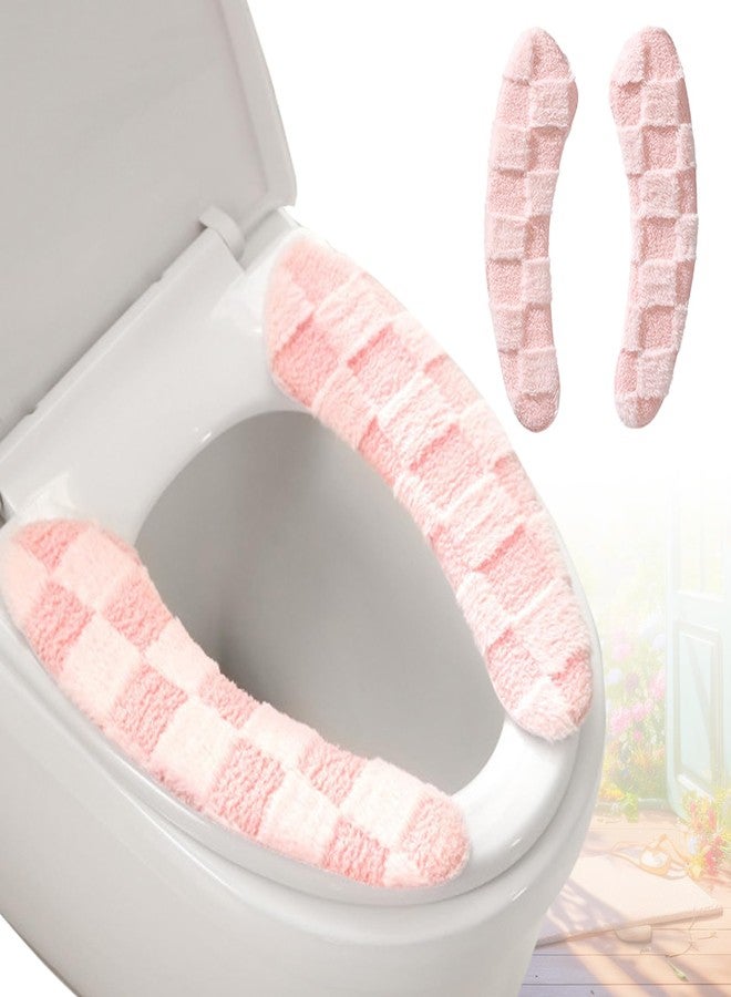 Iensen Thick and Warm Plush Toilet Seat Cover - Washable, Reusable Cushion with TPR Adhesive & Checkered Pattern for Comfort & Insulation (Pink) - Image 1