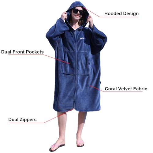 Hiturbo Surf Poncho Zipper Towel Hoodie: Oversized Hooded Wetsuit Changing Robe with Pocket - Plush Coral Fleece Swimwear for Home Beach Pool Bath - Navy - Image 4