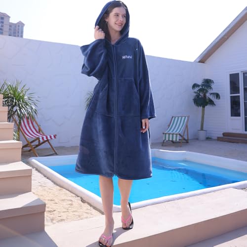 Hiturbo Surf Poncho Zipper Towel Hoodie: Oversized Hooded Wetsuit Changing Robe with Pocket - Plush Coral Fleece Swimwear for Home Beach Pool Bath - Navy - Image 5