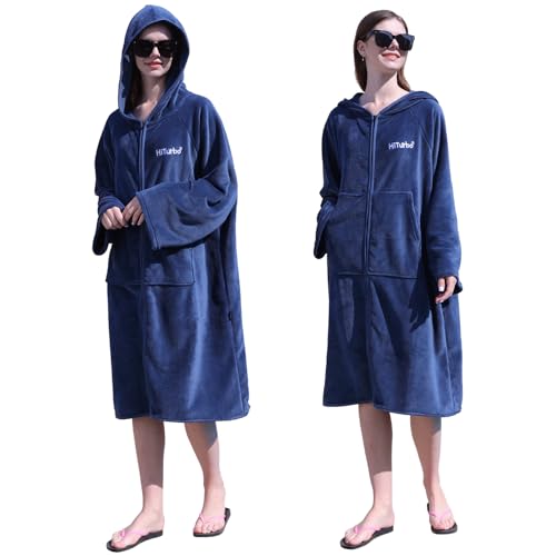 Hiturbo Surf Poncho Zipper Towel Hoodie: Oversized Hooded Wetsuit Changing Robe with Pocket - Plush Coral Fleece Swimwear for Home Beach Pool Bath - Navy - Image 3