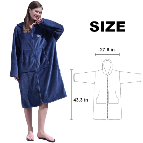 Hiturbo Surf Poncho Zipper Towel Hoodie: Oversized Hooded Wetsuit Changing Robe with Pocket - Plush Coral Fleece Swimwear for Home Beach Pool Bath - Navy - Image 2