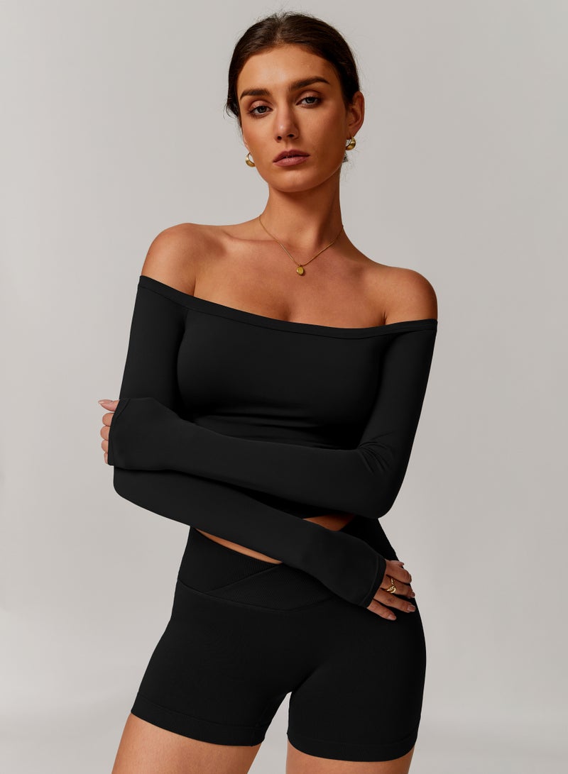 KAWN.YOGA Womens Boat Neck Long Sleeves Crop Top - Image 3