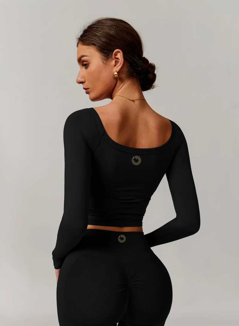 كون.يوغا بلوزة نسائية قصيرة بأكمام طويلة وياقة قارب