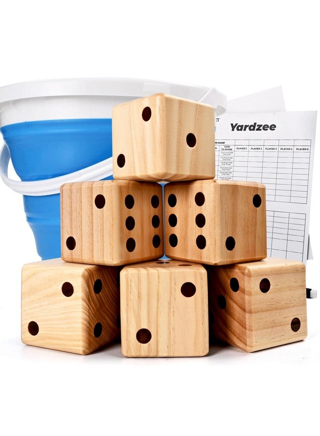 ROPODA 3.5" Giant Wooden Yard Dice Set For Outdoor Fun, Barbeque, Party Events, Backyard Games, Lawn Games Includes 6 Dice, Collapsible Bucket, Score Cards & Dry Erase Marker - Image 1