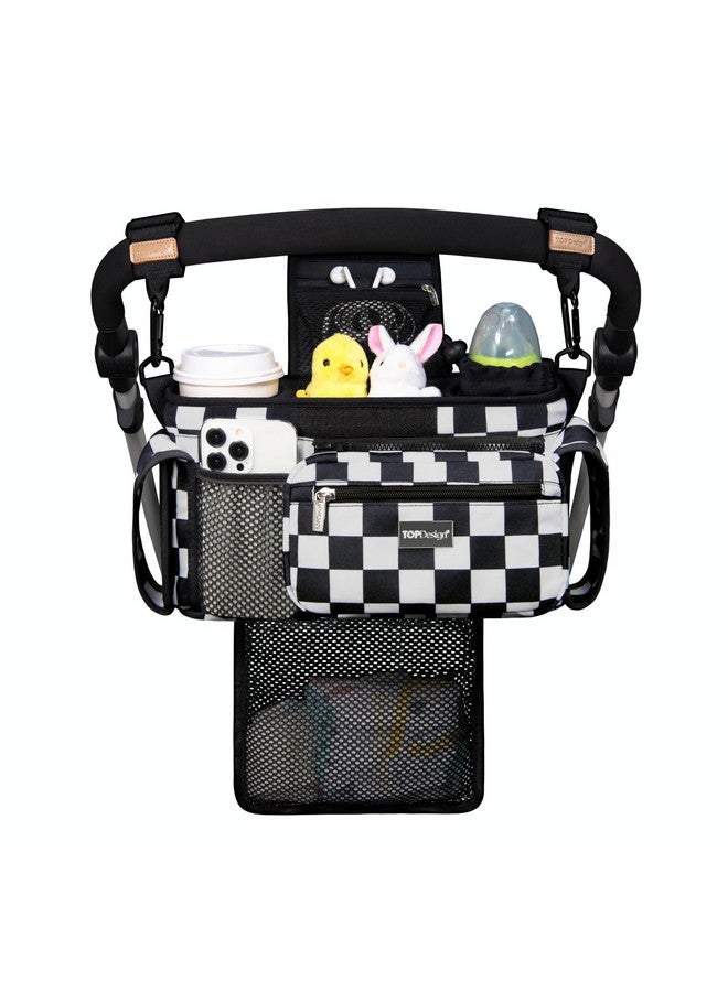 TOPDesign Universal Baby Stroller Organizer, Stroller Caddy with Detachable Mesh Bag & Heightened Insulated Cup Holders & Non-Slip Secure Hooks Accessories, Fits Most Strollers (Checkerboard) - Image 1