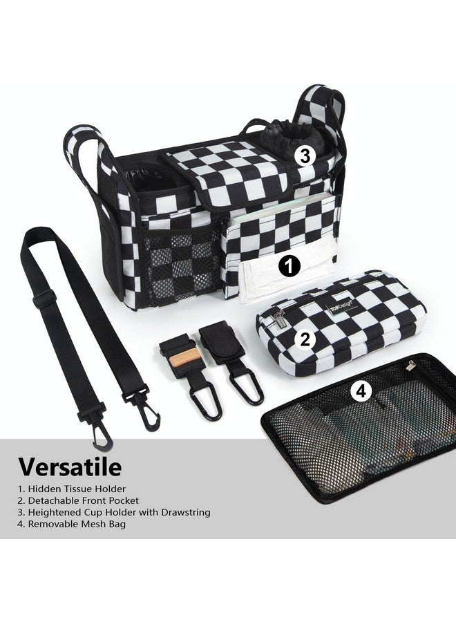 TOPDesign Universal Baby Stroller Organizer, Stroller Caddy with Detachable Mesh Bag & Heightened Insulated Cup Holders & Non-Slip Secure Hooks Accessories, Fits Most Strollers (Checkerboard) - Image 2