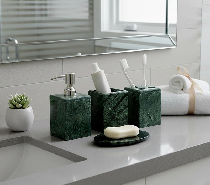 KLEO - Bathroom Accessory Set Made From Natural Stone - Bath Accessories Set Of 4 Includes Soap Dispenser, Toothbrush Holder, Toothpaste Holder And Soap Dish - Image 1