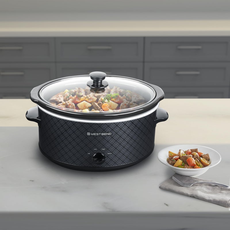 West Bend Slow Cooker 6-Quart Manual Crockery Style with Dishwasher Safe Oval Ceramic Crockpot and Glass Lid Two Temperature Settings Plus Keep Warm, 330-Watts, Black - Image 3