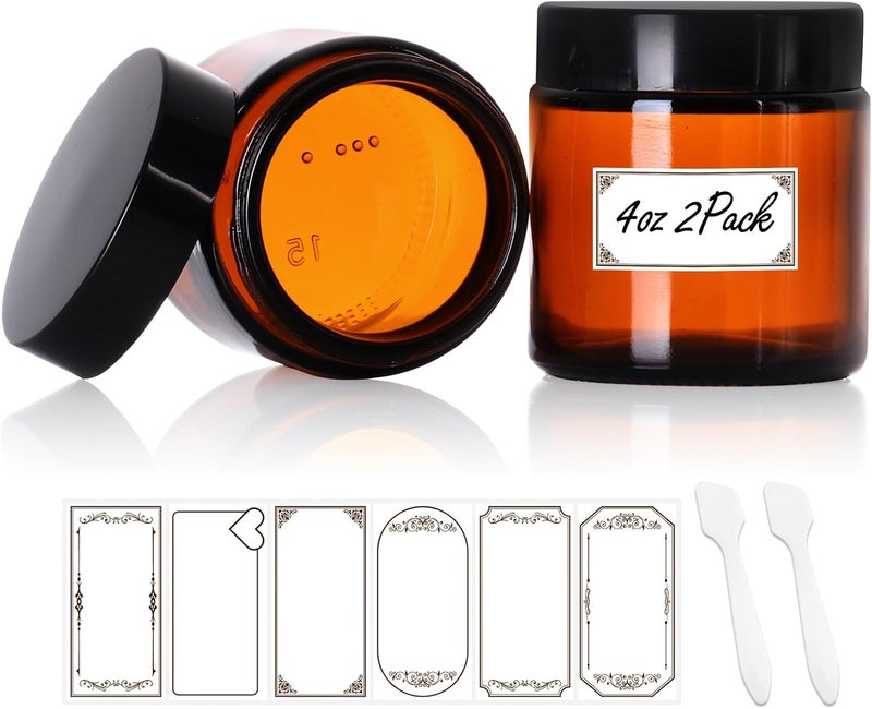 2 Pack 4 oz Amber Glass Jars with lids, Cosmetic Jars with Inner Liners and Black Lids, Lotion Jars, Candle Making Jars for Lotions, Scrubs and Cosmetic, Lables and Spatulas Include