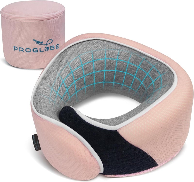 Proglobe Junior Kids Travel Neck Pillow Ergonomic Memory Foam Pillow for Airplane Car Booster Seat Soft Washable Compact Travel Pillow with Strap Light Pink Ages 413