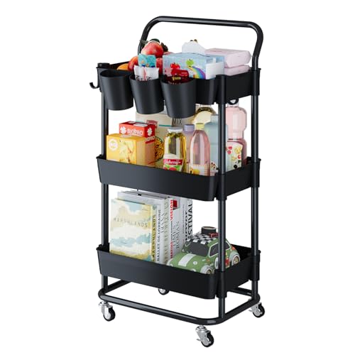 Buzowruil 3Tier Rolling Utility Cart Storage Cart with Handle MultiPurpose and Locking Wheelswith Hanging Basket and Hook for Office Kitchen BathroomBlack