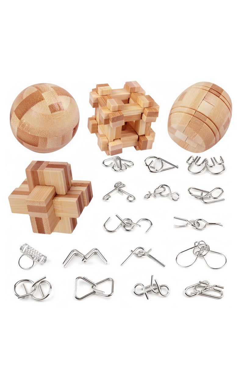 20-piece unlocking interlocking game IQ test, contains 4-piece wooden jigsaw puzzle educational toys, 3D jigsaw puzzles for teenagers and adults, wooden logic puzzles, wooden snake cubes, magic cubes, magic ball puzzles, intellectual puzzle assembly toys, 16-piece metal wire 3D puzzle set, intellectual puzzle puzzles, educational smart toys, children's games, great choice for birthdays, Halloween, Christmas and party gifts - Image 1