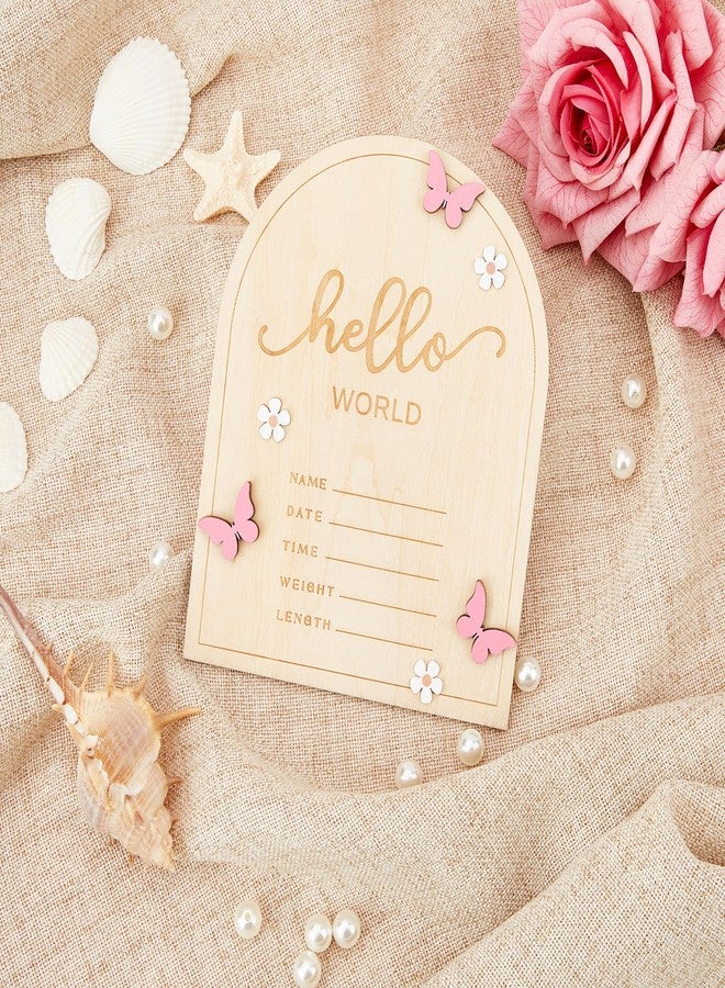 HASSLICKIT Hello World Baby Announcement Sign Newborn Welcome Name Board – 5.9"x4.7" Door-Shaped Birth Stat Plaque with 3D Pink Butterfly & White Flowers – Photo Prop & Keepsake for New Parents Nursery Decor - Image 3