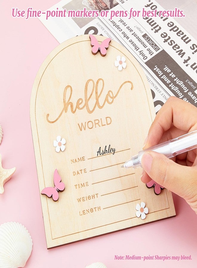 HASSLICKIT Hello World Baby Announcement Sign Newborn Welcome Name Board – 5.9"x4.7" Door-Shaped Birth Stat Plaque with 3D Pink Butterfly & White Flowers – Photo Prop & Keepsake for New Parents Nursery Decor - Image 5
