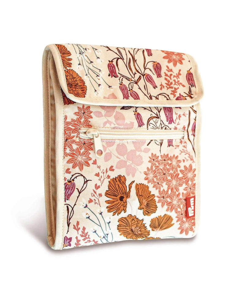 Prym Circular Knitting Needle Case â€“ 9â€ x 7-1/4â€ Fan-Fold Organizer with 10 Pockets, Magnetic Closure & Zip Accessory Pocket - Orange Wildflower Print - Image 1