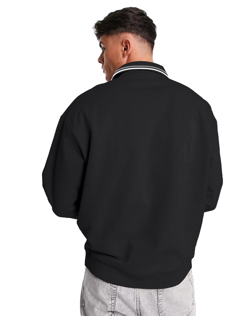 Jump Cuts Mens Printed Polo Neck Full Sleeve Black Oversized Fit Cotton Blend Polo T-Shirt - Image 2