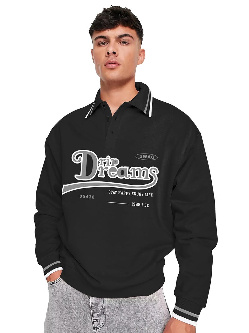 Jump Cuts Mens Printed Polo Neck Full Sleeve Black Oversized Fit Cotton Blend Polo T-Shirt - Image 1