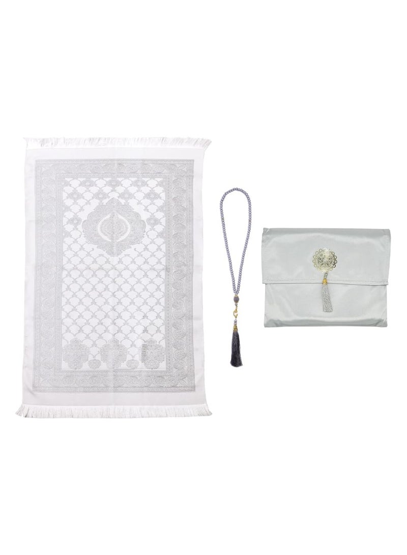 Chielor Muslim Prayer Rug and Beads with Elegant Slub Fabric Bag, Islamic Prayer Mat, Muslim Prayer Rug, Ramadan Prayer Blanket, for Muslim, Islamic, Ramadan, Eid al Fitr, Prayer (Gray,110 * 70CM) - Image 1