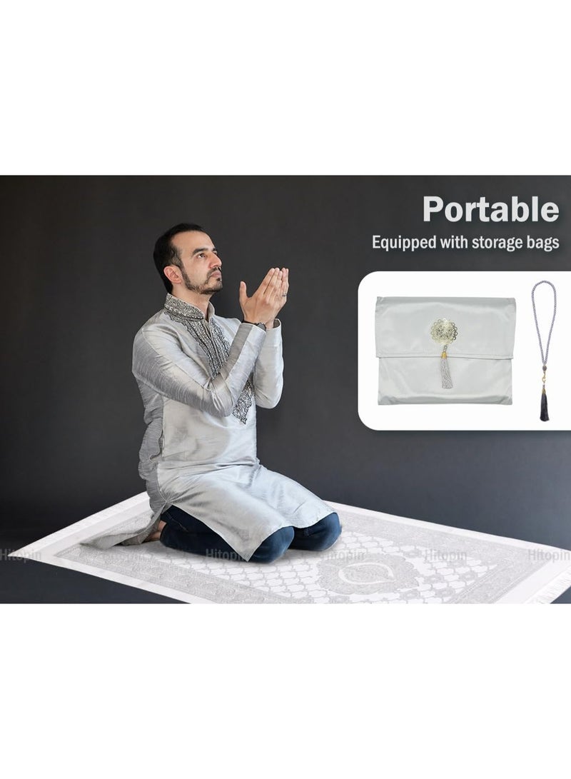 Chielor Muslim Prayer Rug and Beads with Elegant Slub Fabric Bag, Islamic Prayer Mat, Muslim Prayer Rug, Ramadan Prayer Blanket, for Muslim, Islamic, Ramadan, Eid al Fitr, Prayer (Gray,110 * 70CM) - Image 4
