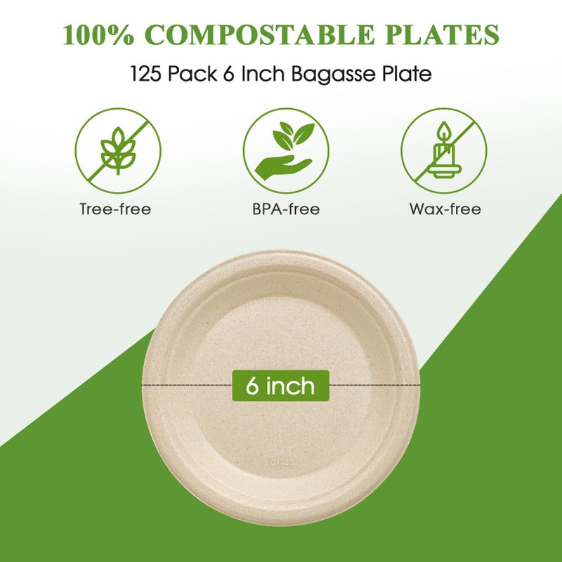 Vplus 125 Pack 6 inch Paper Plates 100% Compostable  Heavy-Duty Disposable Paper Plates Bagasse Natural Biodegradable Eco-Friendly Sugarcane(Nature) - Image 5