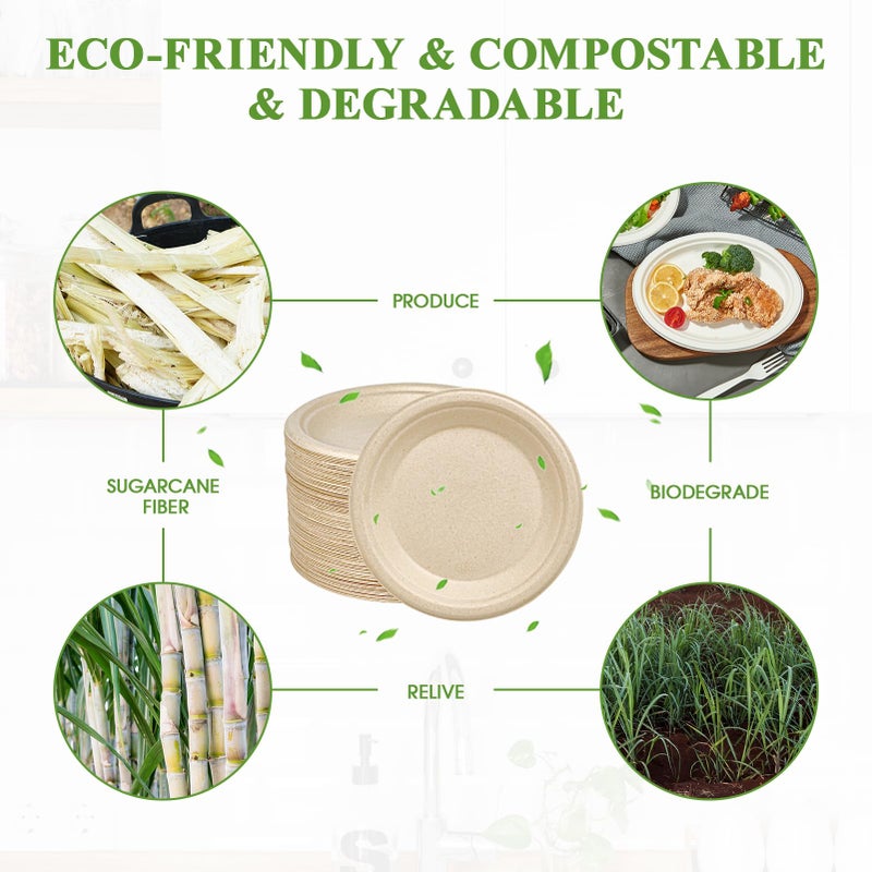 Vplus 125 Pack 6 inch Paper Plates 100% Compostable  Heavy-Duty Disposable Paper Plates Bagasse Natural Biodegradable Eco-Friendly Sugarcane(Nature) - Image 3