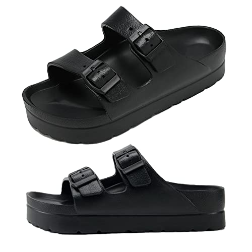 Haifago Womens Black Platform Sandals with Arch Support, Adjustable Double Buckle EVA Slides, Comfort Lightweight Ultra Cushion Wedge Sandal - Image 1