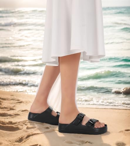 Haifago Womens Black Platform Sandals with Arch Support, Adjustable Double Buckle EVA Slides, Comfort Lightweight Ultra Cushion Wedge Sandal - Image 2