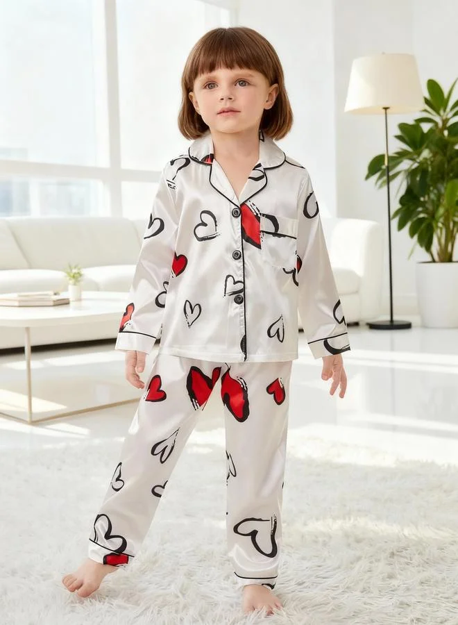 Take Two Girls White Heart Print Shirt and Pyjama Set