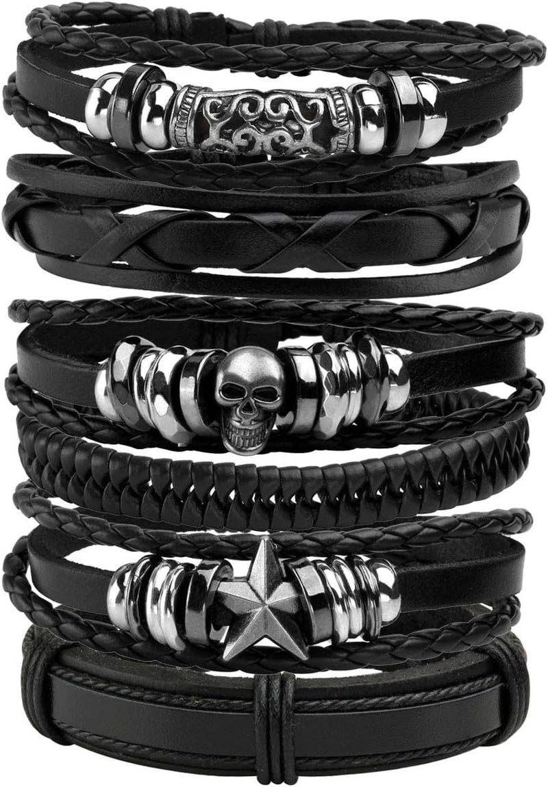Mafnee Store Manfnee 6-12PCS Braided Faux Leather Bracelet Punk Cuff Wrap Bracelets for Men Women Adjustable - Image 1