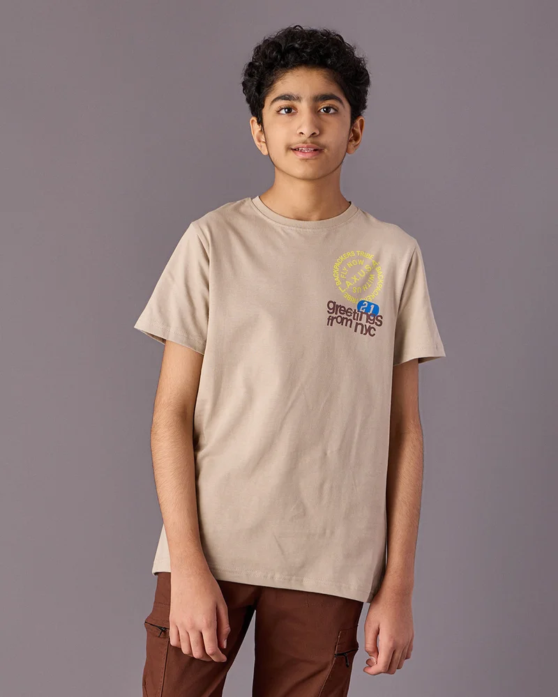 Redtag Senior Boys Beige Printed T-Shirts
