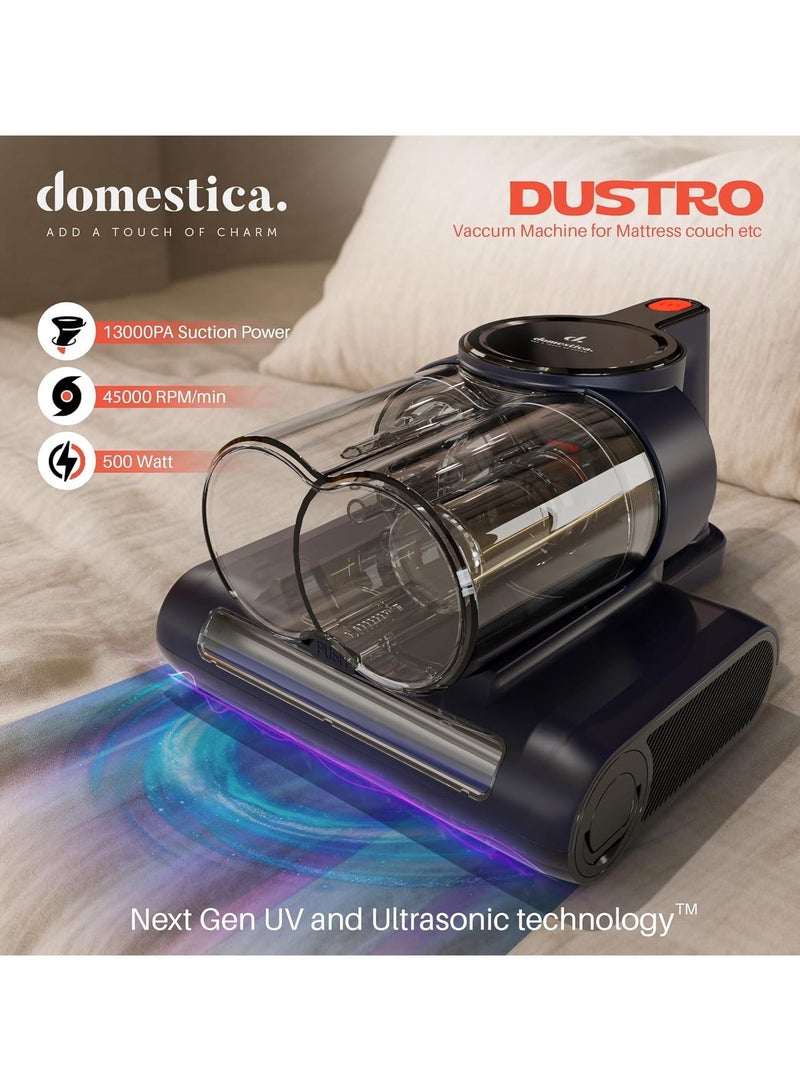 دوماستيكا مكنسة السرير المحمولة Dustro للاستخدام المنزلي مزوّدة بضوء UV-C، بقوة شفط عالية تصل إلى 13000 باسكال لإزالة الغبار وعتة الفراش | مكنسة مراتب مزودة بالاهتزاز، فلتر HEPA، سرعة 45000 دورة في الدقيقة، موجات فوق صوتية وهواء ساخن بدرجة 60° مئوية. - Image 2
