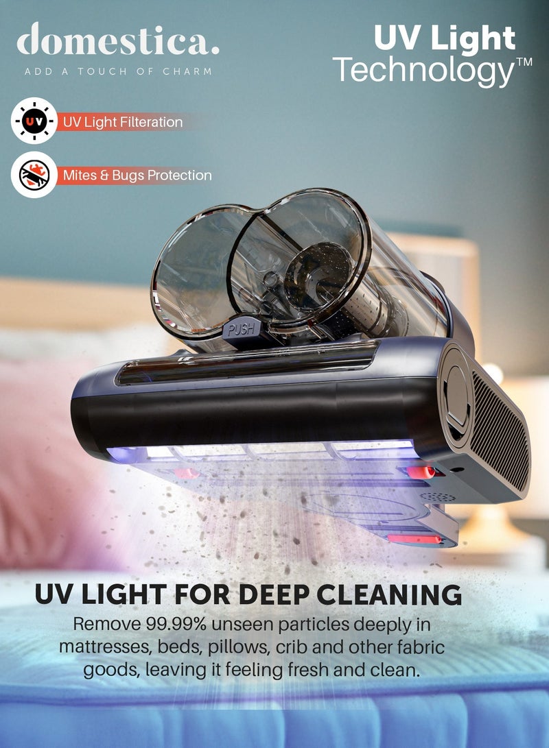 دوماستيكا مكنسة السرير المحمولة Dustro للاستخدام المنزلي مزوّدة بضوء UV-C، بقوة شفط عالية تصل إلى 13000 باسكال لإزالة الغبار وعتة الفراش | مكنسة مراتب مزودة بالاهتزاز، فلتر HEPA، سرعة 45000 دورة في الدقيقة، موجات فوق صوتية وهواء ساخن بدرجة 60° مئوية. - Image 4