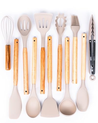 Dusico® Silicone Cooking Utensils Set of 12 Pcs with Wood Handles. Heat Resistant Kitchen Utensils for Nonstick Cookware, BPA Free Silicone Spatula Set & Cooking Spoons, Kitchen Gadgets (Beige) - Image 1