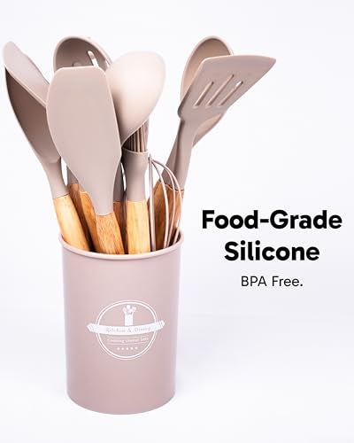 Dusico® Silicone Cooking Utensils Set of 12 Pcs with Wood Handles. Heat Resistant Kitchen Utensils for Nonstick Cookware, BPA Free Silicone Spatula Set & Cooking Spoons, Kitchen Gadgets (Beige) - Image 2