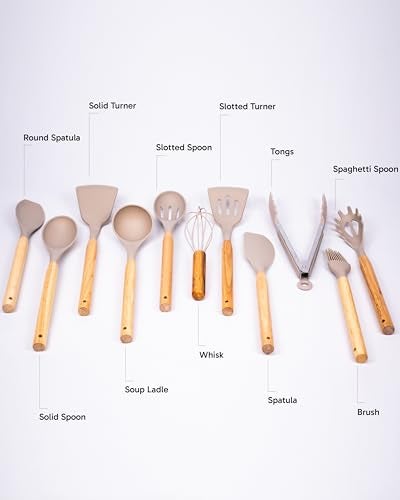 Dusico® Silicone Cooking Utensils Set of 12 Pcs with Wood Handles. Heat Resistant Kitchen Utensils for Nonstick Cookware, BPA Free Silicone Spatula Set & Cooking Spoons, Kitchen Gadgets (Beige) - Image 3
