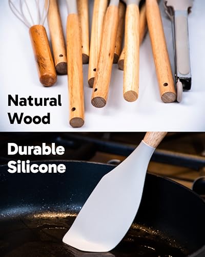 Dusico® Silicone Cooking Utensils Set of 12 Pcs with Wood Handles. Heat Resistant Kitchen Utensils for Nonstick Cookware, BPA Free Silicone Spatula Set & Cooking Spoons, Kitchen Gadgets (Beige) - Image 5
