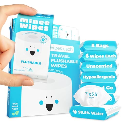 MOONIES Impossibly Compact Travel Flushable Wipes - 99.5% Water and Aloe - Safe for Sensitive Skin, Hypoallergenic & Unscented - Travel Essentials for Adults, Kids & Baby Care - 8 Pack Total 48 Wipes - Image 1