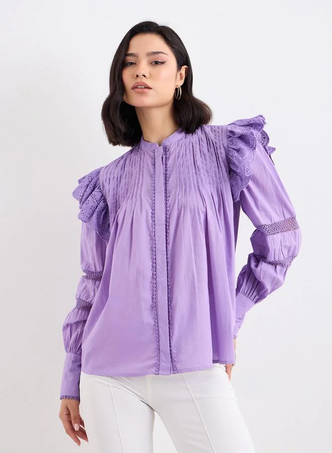 Styli Styli Lilac Ruffled Pintuck Blouse