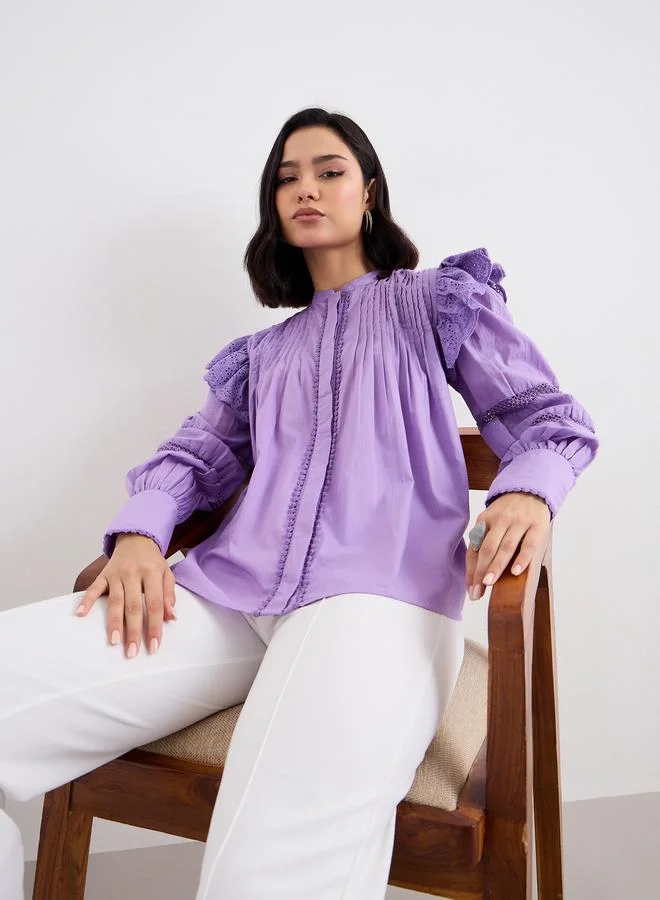 Styli Styli Lilac Ruffled Pintuck Blouse