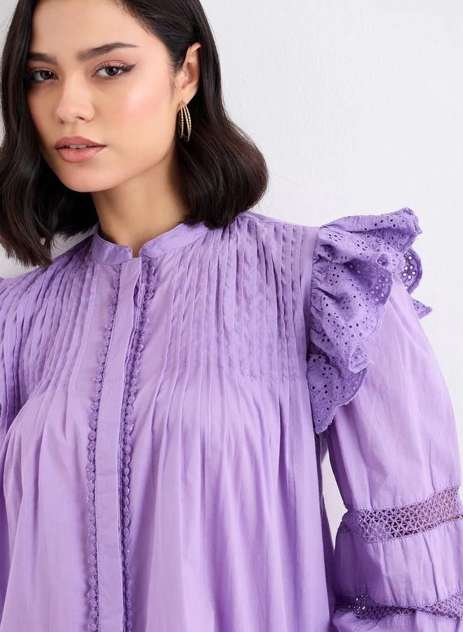 Styli Styli Lilac Ruffled Pintuck Blouse