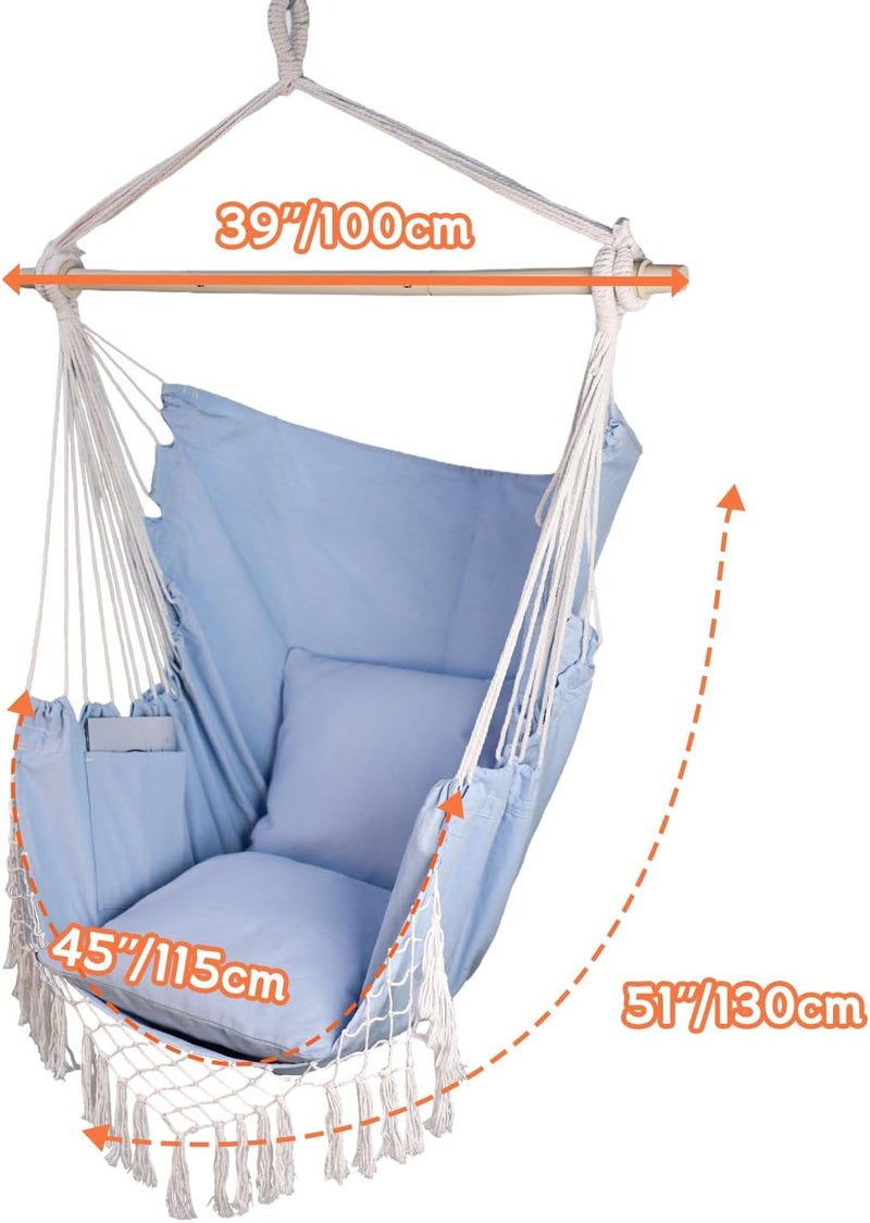 PIRNY Hammock Chair Hanging Rope Swing Chair,Max 500 Lbs, Large Hanging Chair with Pocket, 2 Cushions, Steel Bar with Anti-Slip Rings, Hardware Kit Included, Comfortable for Indoor Outdoor (Blue) - Image 4