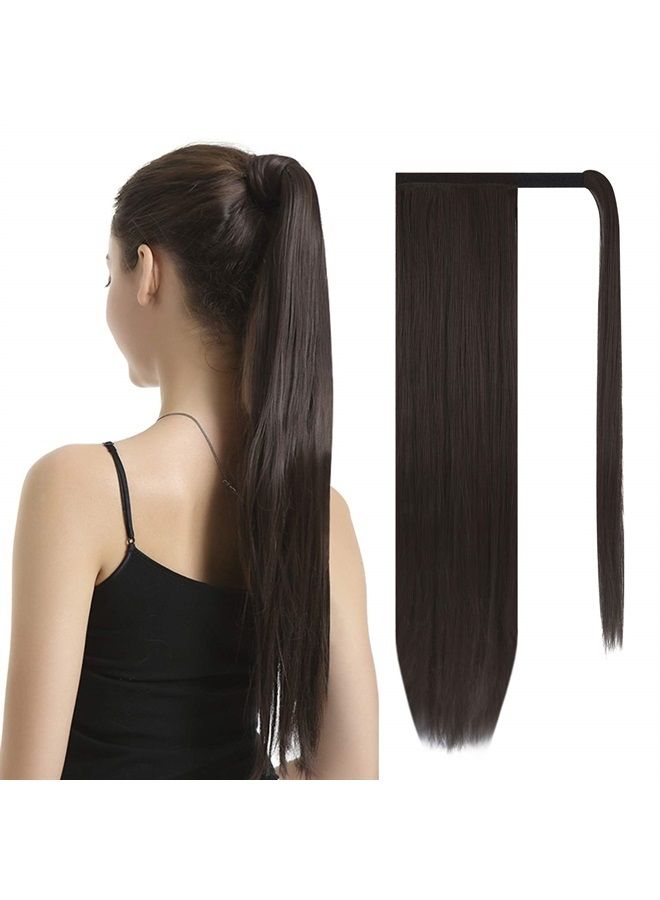 BARSDAR 24 inch Ponytail Extension Long Straight Wrap Around Clip in Synthetic Fiber Hair for Women - Darkest Brown - Image 1