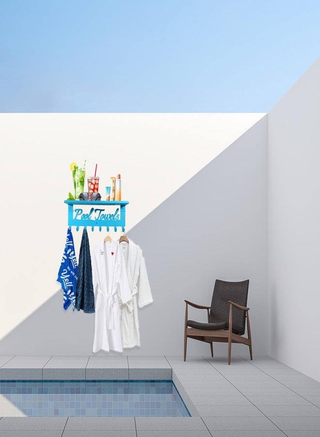Topspeeder Blue Outdoor Pool Towel Rack with Shelf Pool Decor Wall Hooks Towel Holder Carbon Steel Hanger Organizer Pool Accessories for Hanging Towels, Robes, Clothes, Swimming Suit, Bags, Keys - Image 5
