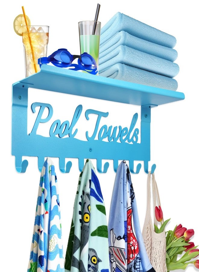 Topspeeder Blue Outdoor Pool Towel Rack with Shelf Pool Decor Wall Hooks Towel Holder Carbon Steel Hanger Organizer Pool Accessories for Hanging Towels, Robes, Clothes, Swimming Suit, Bags, Keys - Image 1