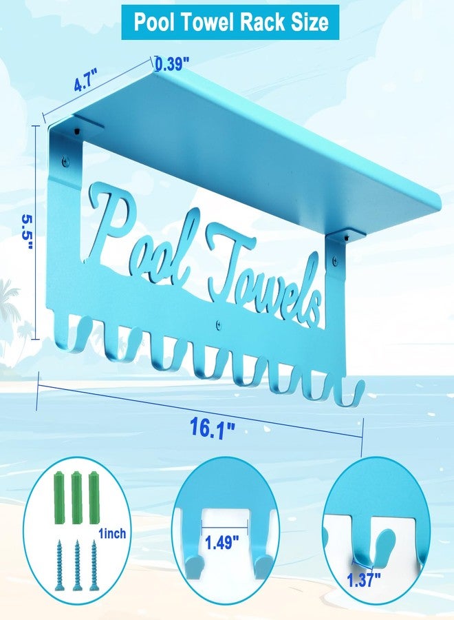 Topspeeder Blue Outdoor Pool Towel Rack with Shelf Pool Decor Wall Hooks Towel Holder Carbon Steel Hanger Organizer Pool Accessories for Hanging Towels, Robes, Clothes, Swimming Suit, Bags, Keys - Image 2