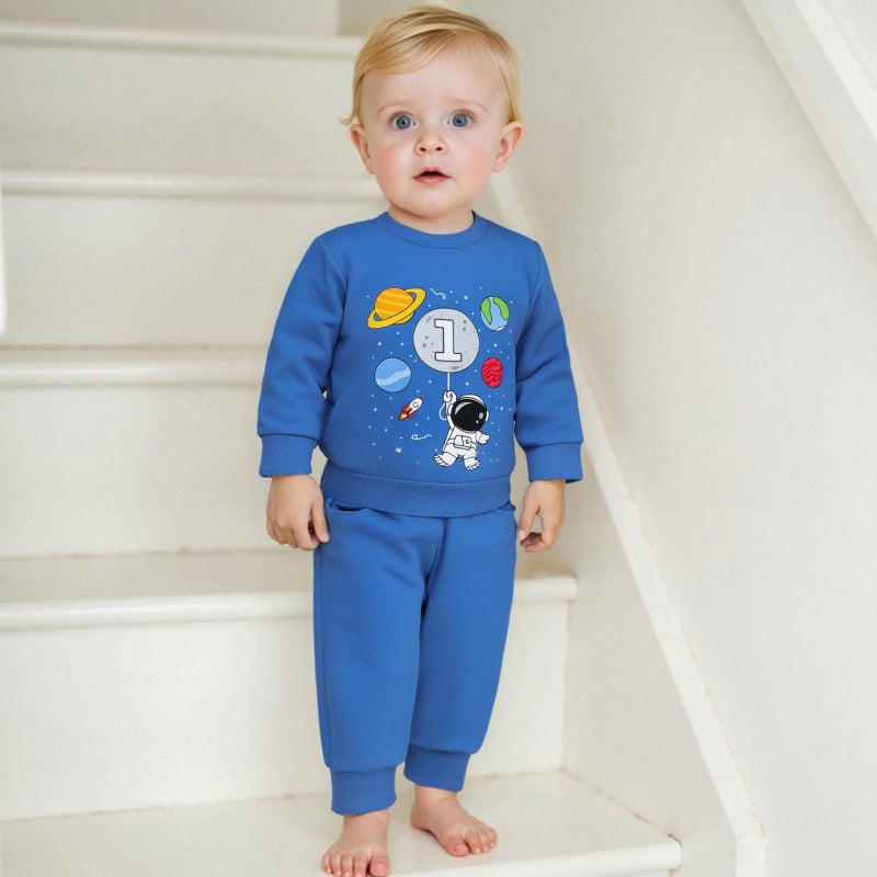 Mieeyali Baby Boys 1st Birthday Outfit Planet Astronaut Sweatshirt Jogger Pants One Year Old Boy Birthday Sweatsuit (Blue, 12-18 Months) - Image 2