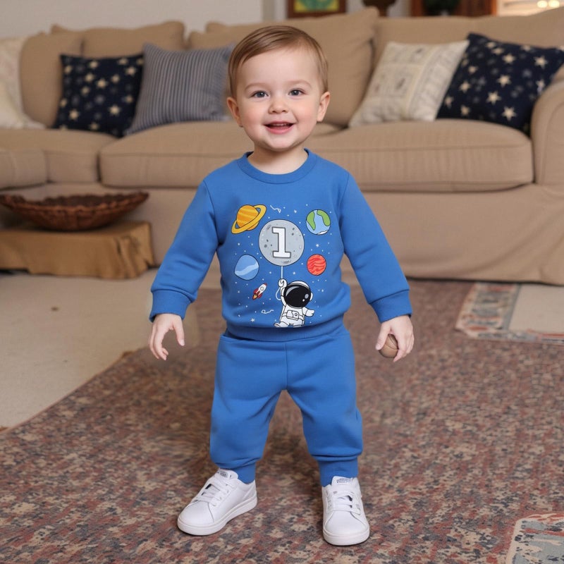 Mieeyali Baby Boys 1st Birthday Outfit Planet Astronaut Sweatshirt Jogger Pants One Year Old Boy Birthday Sweatsuit (Blue, 12-18 Months) - Image 3